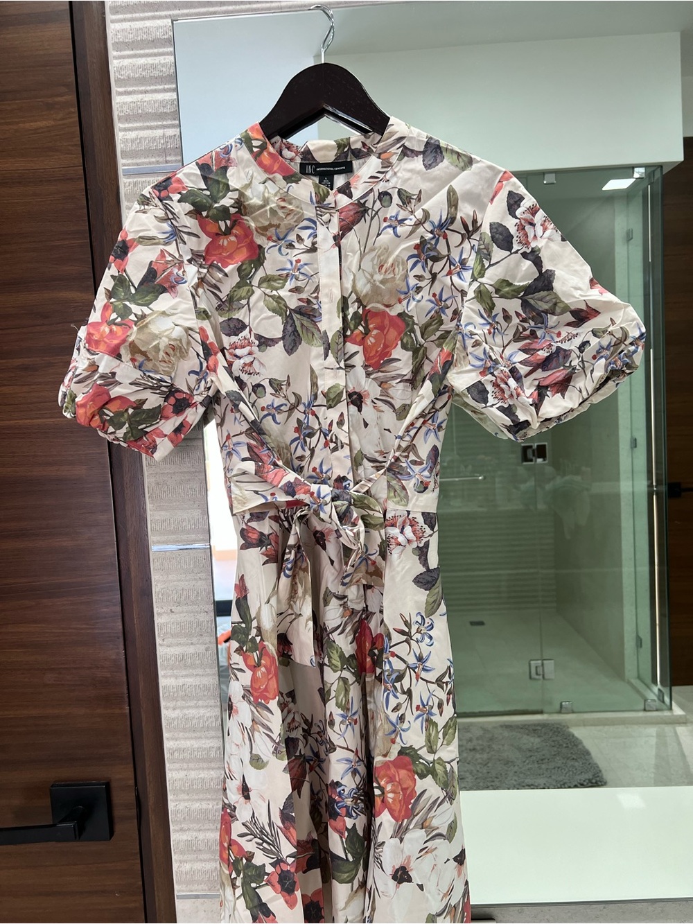 INC International Concepts Cream Midi Dress with Red, Green & Blue Floral Print